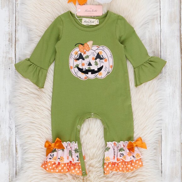 Marie Nicole Green Embroidered Floral Jack-o-Lantern Ruffle 6/12 mos - Picture 1 of 4
